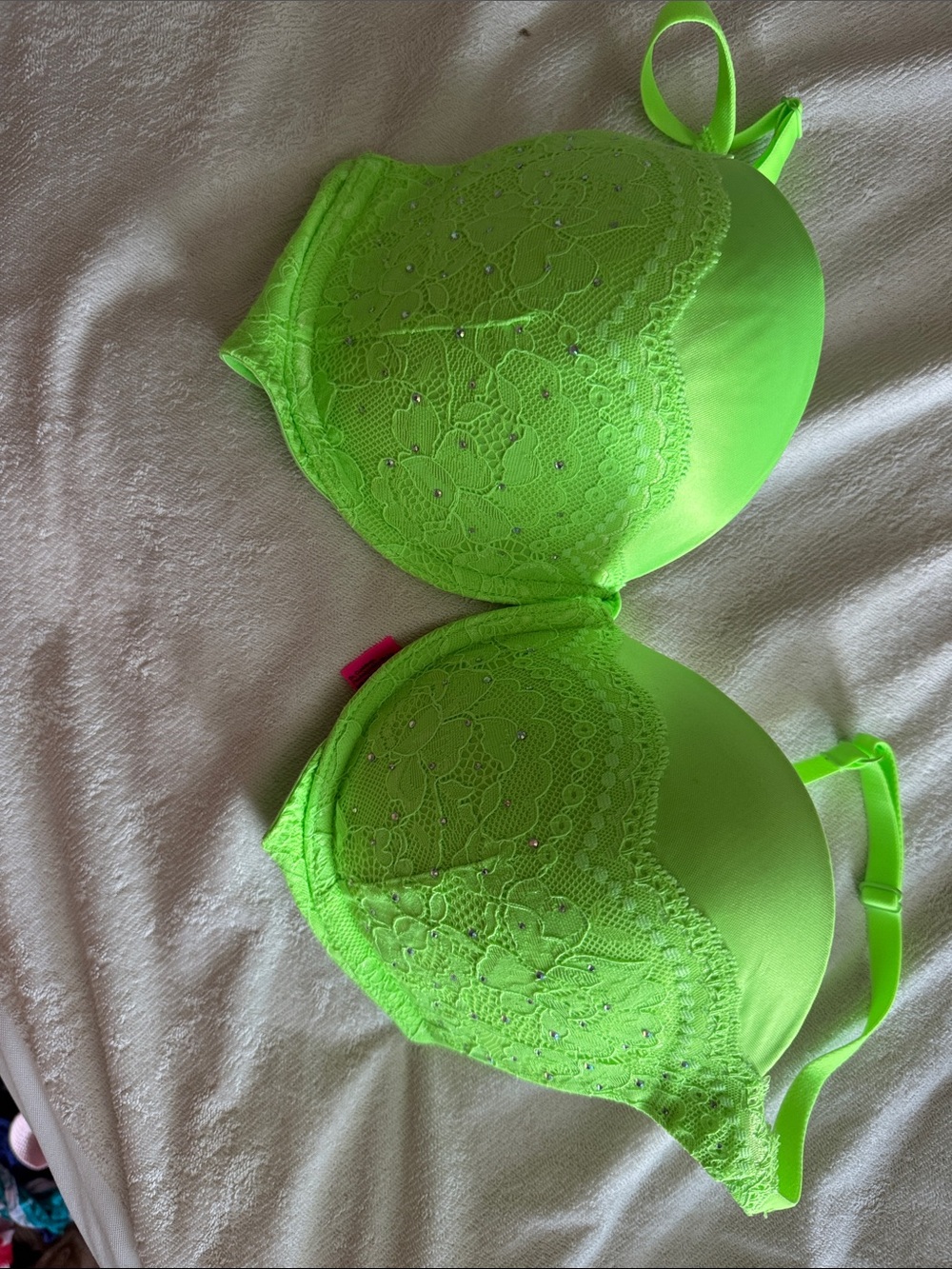 La SENZA Neon Lime Lace Push-Up Bra with Rhinestones